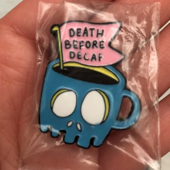 Funny Skull Coffee Mug Cup “Death Before Decaf” Metal Enamel Pin Brooch - Picture 3 of 8